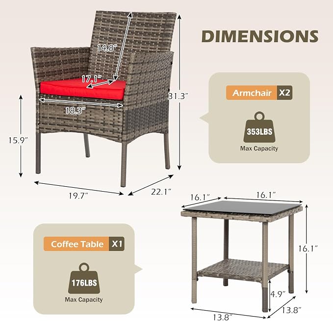 FDW 3 Piece Outdoor Furniture Set Patio Gray Wicker Chairs Furniture Bistro - Image 3