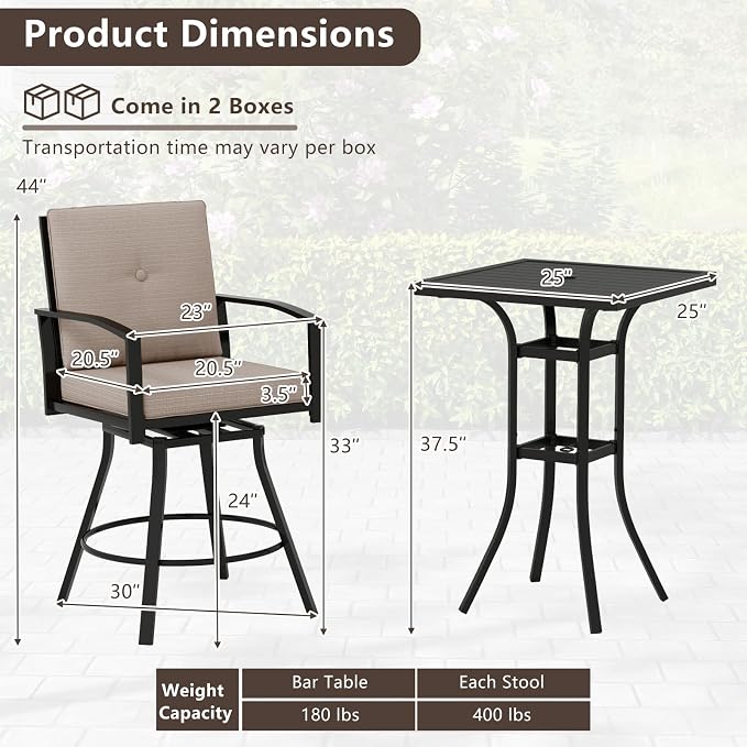 Tangkula 3 Pieces Patio Swivel Bar Set, Outdoor Metal Bar Table and Chairs Set - Image 5