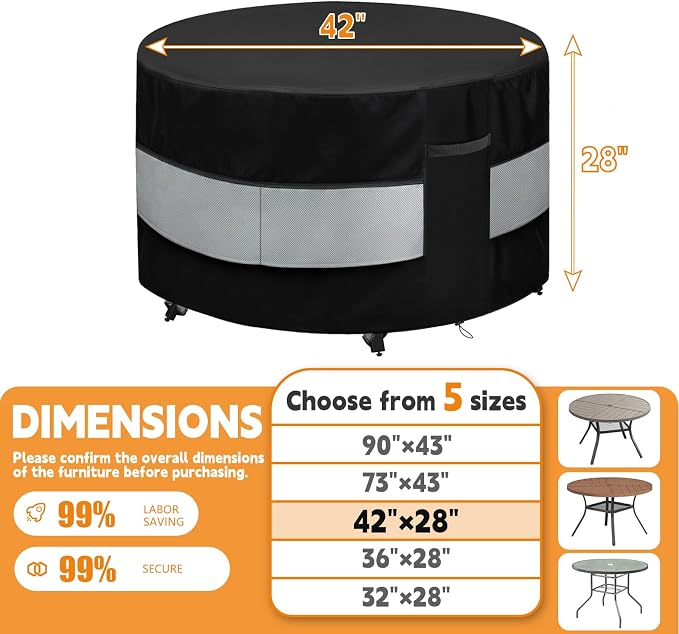 Round Patio Furniture Cover Black Grey Waterproof Up to 10000pa - Image 2