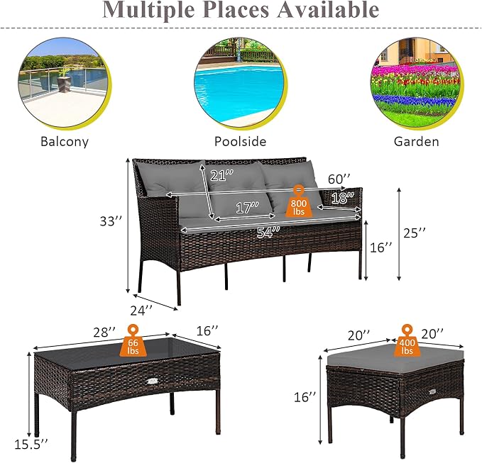 Tangkula 3 Pieces Patio Conversation Set, All Weather Outdoor PE Rattan Wicker - Image 5