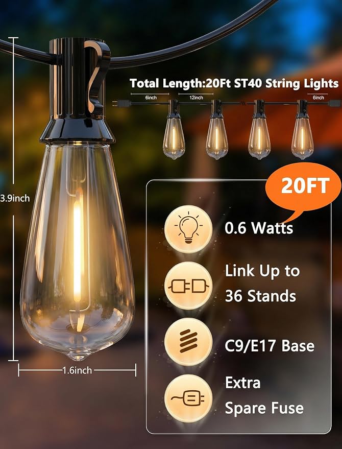 LED Outdoor Lights for Patio 20Ft, Waterproof Patio String Lights - Image 2
