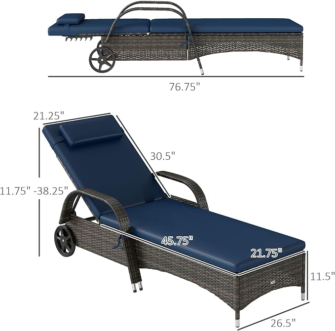 Outsunny Wicker Outdoor Chaise Lounge Set of 2, 5-Level Adjustable Backrest PE - Image 3