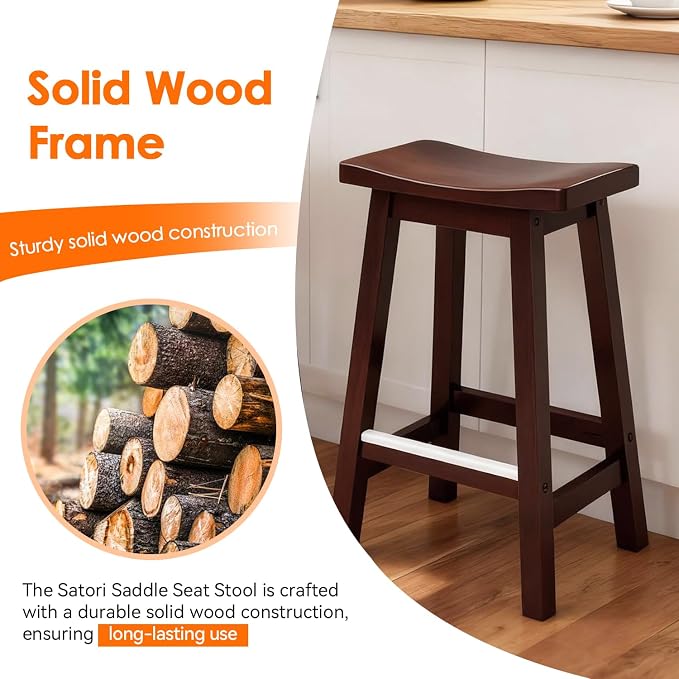 PayLessHere Bar Stools Set of 2, Wooden Saddle Stools 24 Inch Heigh, Bar Chairs - Image 6