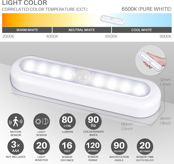 STAR-SPANGLED 3 Pack 7” Motion Sensor Lights Indoor Battery Operated, Stick on - Image 4