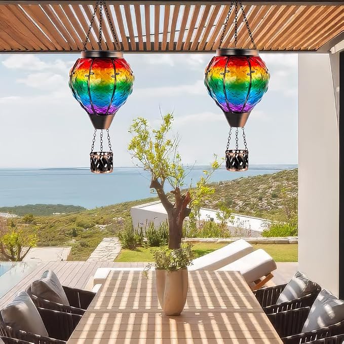 DREAMSOUL Rainbow Hot Air Balloon Solar Lantern, Metal & Glass Solar Lantern - Image 4
