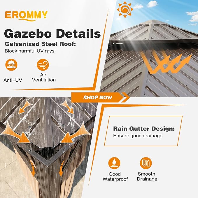 EROMMY 12' x 12' Gazebo Hardtop Double Roof Galvanized Steel Gazebos - Image 3