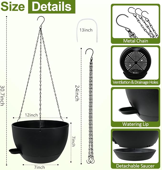 WOUSIWER Self Watering Hanging Planters, 2 Pack 12'' Plastic Pots - Image 4