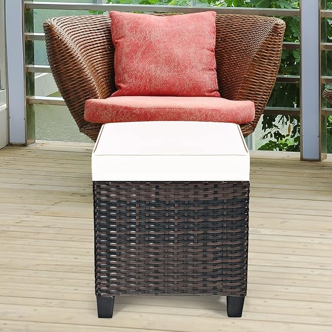 2PCS Patio Outdoor Ottomans, Rattan Wicker Ottoman Seat w/Removable Cushions - Image 9