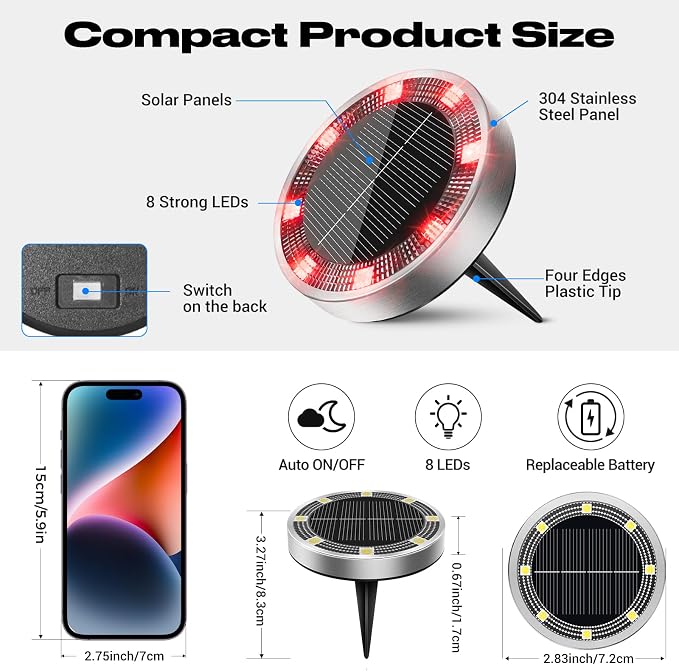 Peasur Solar Ground Lights Outdoor, 12 Pack Flat Solar Powered Disc Lights - Image 5