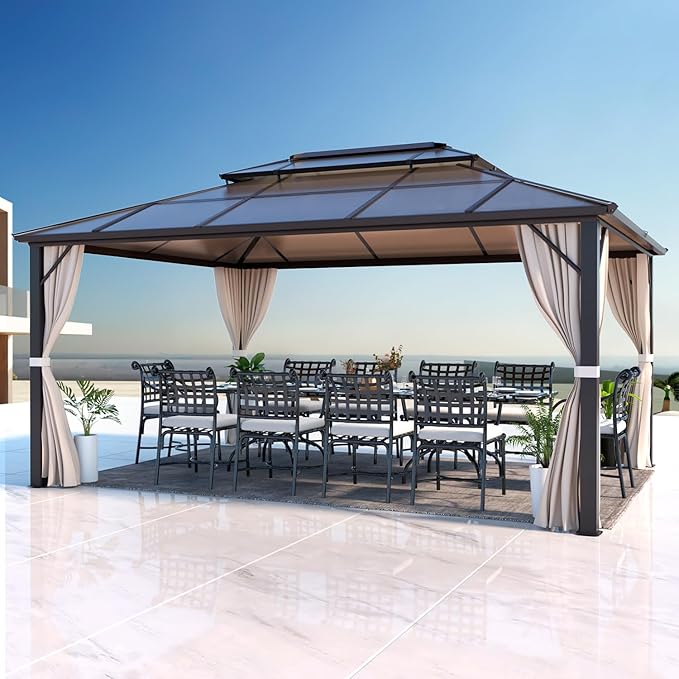 EROMMY 12'x16' Gazebo Polycarbonate Double Roof Pavilion Gazebo Outdoor by EROMMY