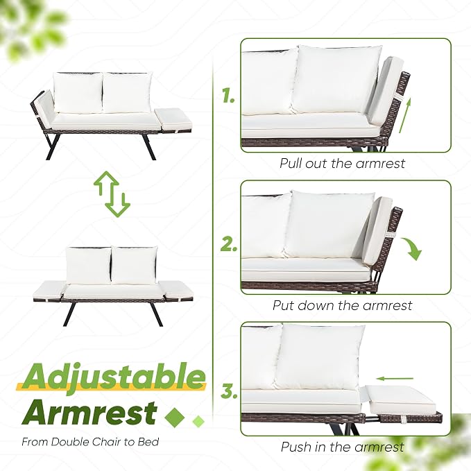 Greesum Outdoor Sofa, Woven Rattan Patio Furniture, Convertible Daybed or - Image 5