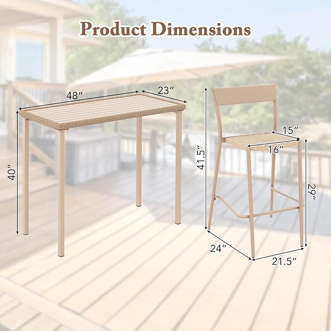 Tangkula 3 Pieces Patio Bar Table Set, Outdoor Bar Height Table & 2 Armless - Image 8
