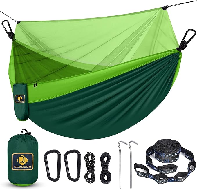 Camping Hammock with Net, Travel Portable Lightweight Hammocks with Tree Straps by QEVOOON