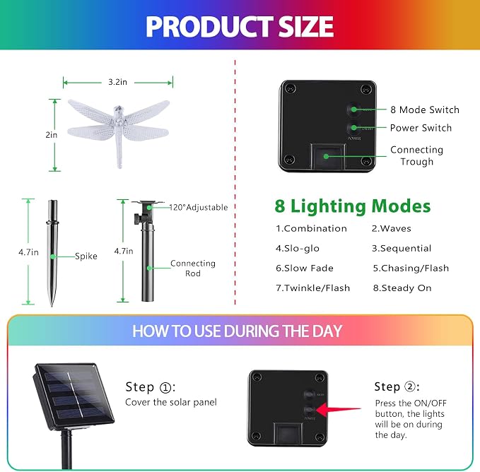 OZS 2PK 40LED 50FT Dragonfly Solar Lights Outdoor Waterproof, Garden Decor - Image 7