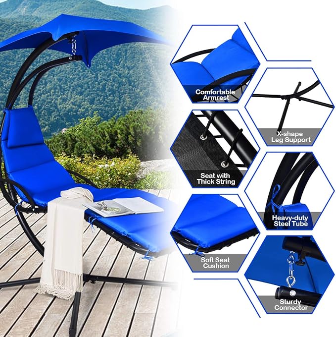 Giantex Hanging Chaise Lounger Chair, Arc Stand Porch Swing Chair w/Canopy - Image 5