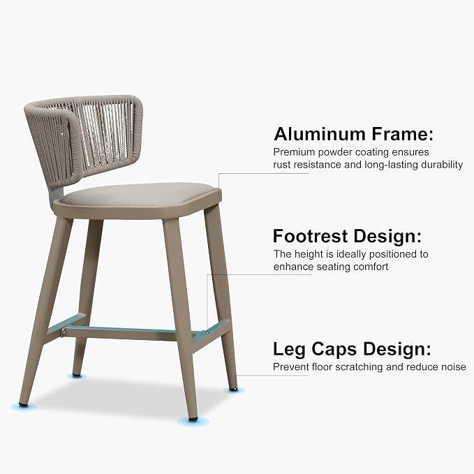 PURPLE LEAF Outdoor Counter Height Bar Stool Set of 2 Modern Rattan Bar Chairs - Image 5