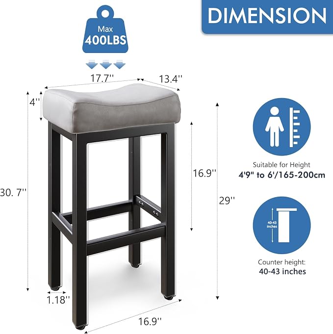 29 Inch Bar Height Bar Stools Set of 2, Backless Bonded Leather Bar Height - Image 2