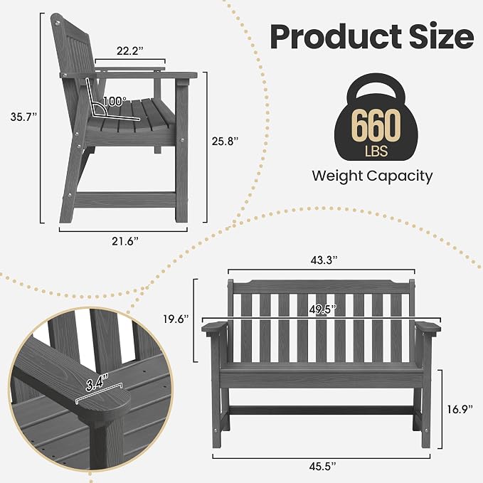 Ciokea 49" Heavy Duty Outdoor Bench Set of 2, HDPE Weatherproof Garden Bench - Image 2