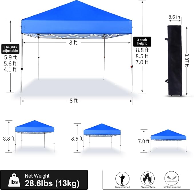 Pop Up Canopy 8X8 FT, Portable Sun Instant Shelter w/Backpack Bag, Waterproof - Image 2