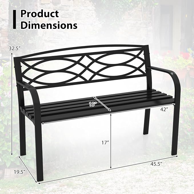 Tangkula Outdoor Metal Garden Park Bench, Heavy-Duty Metal Slatted Loveseat - Image 3