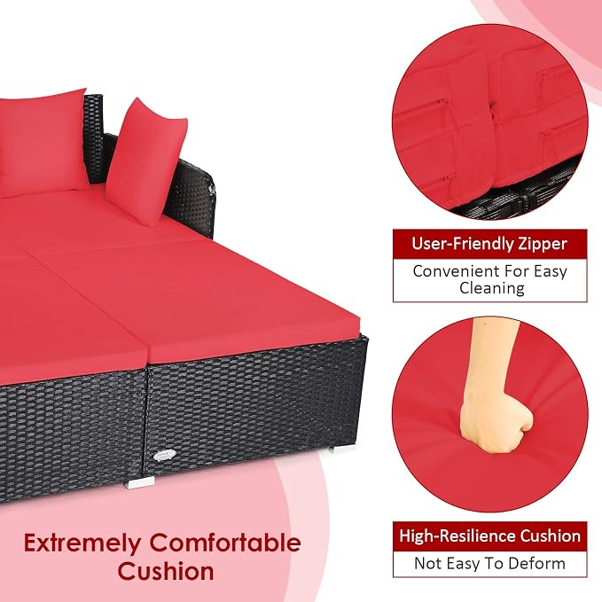 COSTWAY Outdoor Patio Rattan Daybed, Sponge Cushioned Loveseat Sofa - Image 8