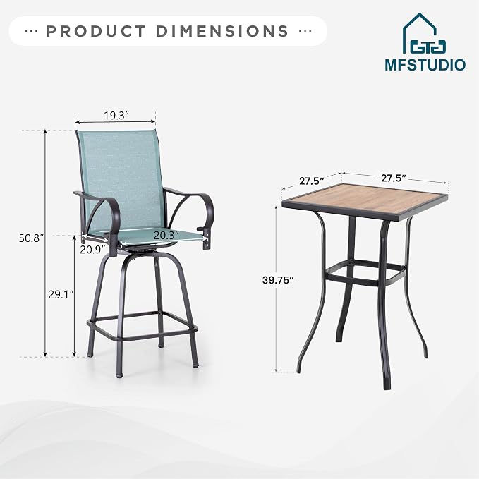 MFSTUDIO 3 Piece Patio Swivel Bar Set, Outdoor Bar Table and Chairs Set - Image 8