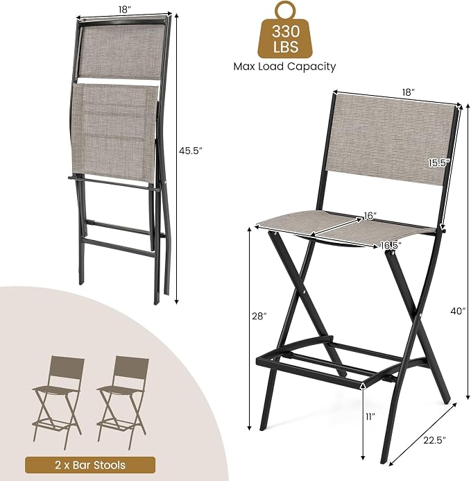 COSTWAY Outdoor Patio Bar Chair Set of 2, Folding Bar Height Stool - Image 7