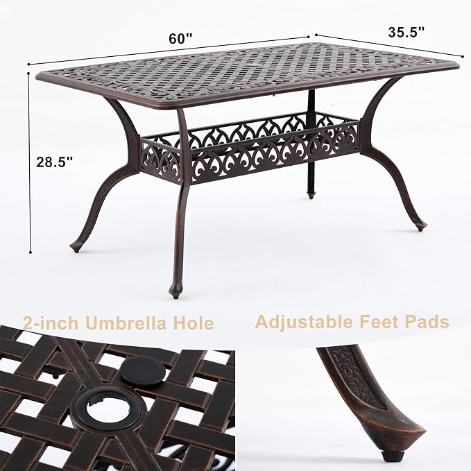 60" Cast Aluminum Outdoor Dining Table – Rectangular Red Copper Patio Table - Image 3