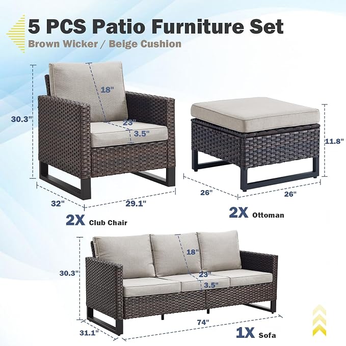 Belord Wicker Patio Furniture 5 Piece Outdoor Sofa Set, Oversize Outdoor Dining - Image 2
