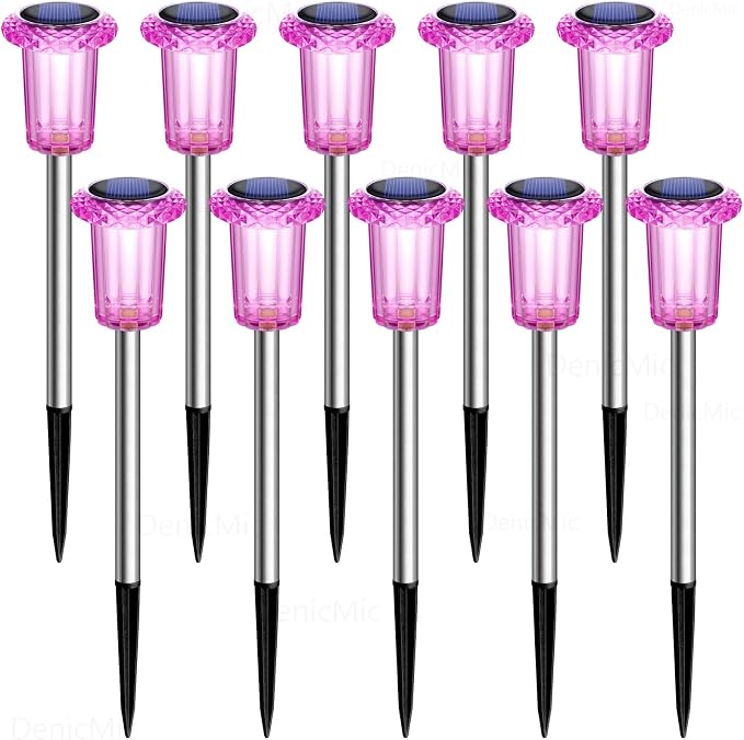 DenicMic Solar Lights Outdoor 10 Pack Waterproof Pink LED Stainless Steel Stake - Image 8