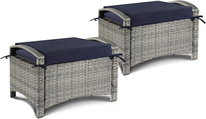 VINGLI Wicker Outdoor Ottoman Set of 2, All Weather PE Rattan Footstool by VINGLI