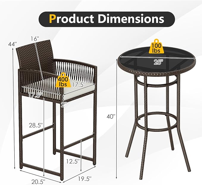 Tangkula 3 Piece Patio Bar Set, Outdoor Heavy Duty Wicker Bar Height Table & 2 - Image 9