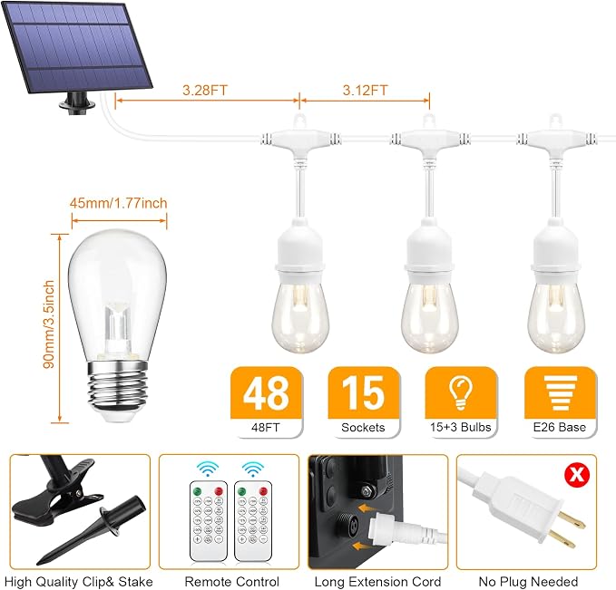 Mlambert 3-Color in 1 Dimmable Solar String Lights Outdoor, 48FT Patio String - Image 4