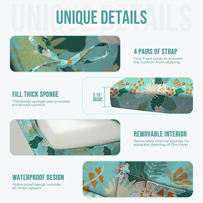 Waterproof Chaise Lounge Cushions, Turquoise Leaves - Image 3
