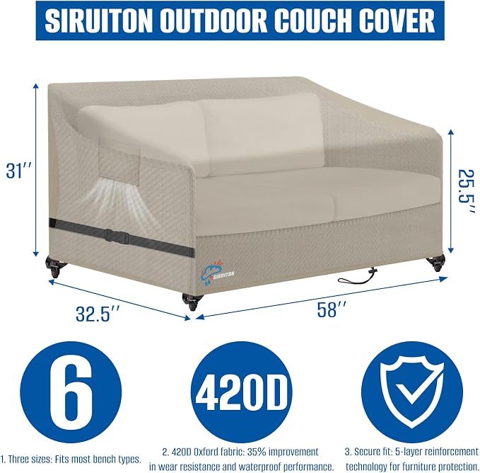 SIRUITON 2-Seat Garden Patio Sofa/Loveseat/Bench Cover 58" W x 32.5" D x 31" H - Image 2