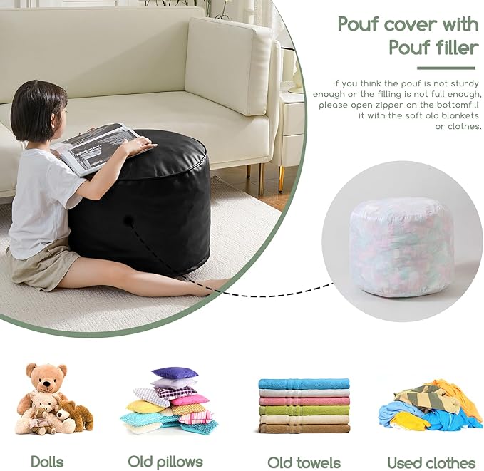 HIGOGOGO Round Stuffed Pouf Ottoman, Pu Leather Poufs - Image 3