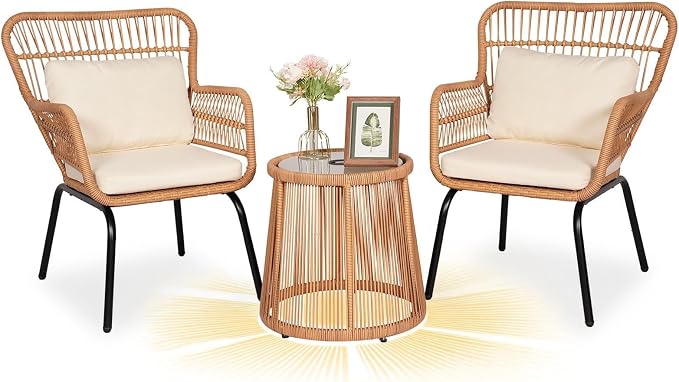 3 Piece Outdoor Wicker Furniture Bistro Set, Rattan Chairs Conversation Sets - Image 2