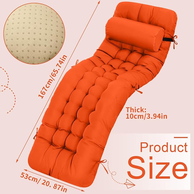 Tudomro 2 Pcs Orange 66'' Outdoor Chaise Lounge Cushion Waterproof Patio Lawn - Image 2