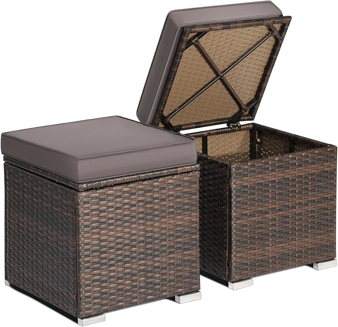 RELAX4LIFE Wicker Outdoor Storage Ottoman, 2-Piece Rattan Footstool w/Removable by RELAX4LIFE