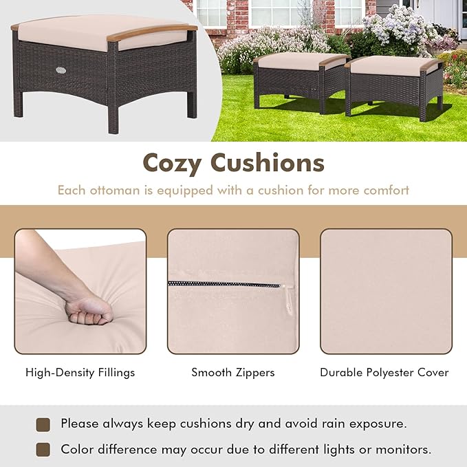 Tangkula 2 Piece Patio Rattan Ottomans, Outdoor Wicker Footstool w/Acacia Wood - Image 6