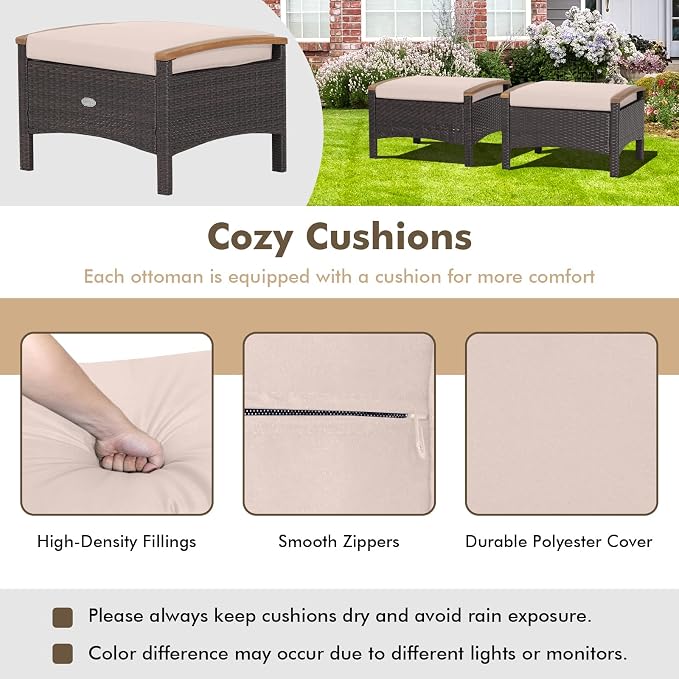 ORALNER Outdoor Ottoman, All-Weather Wicker Foot Stools w/Removable Cushions - Image 4
