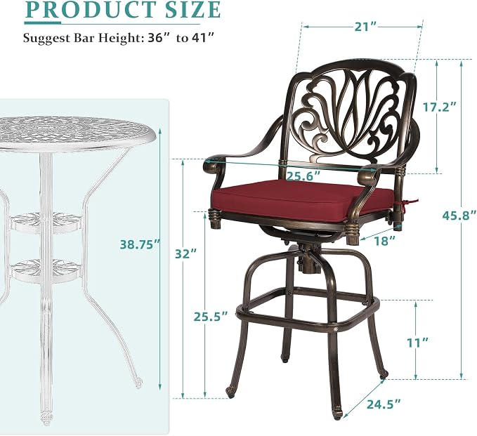 MEETWARM 2 Piece Patio Swivel Bar Chairs, All Weather Cast Aluminum High Swivel - Image 3