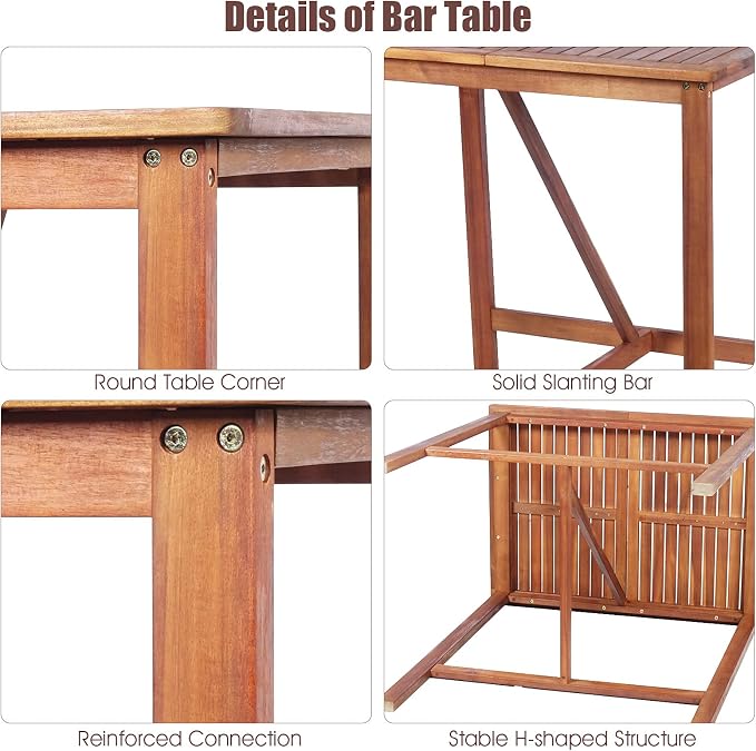 COSTWAY 3PCS Bar Table Set, Outdoor Acacia Wood Dining Set, Spacious Tabletop - Image 9
