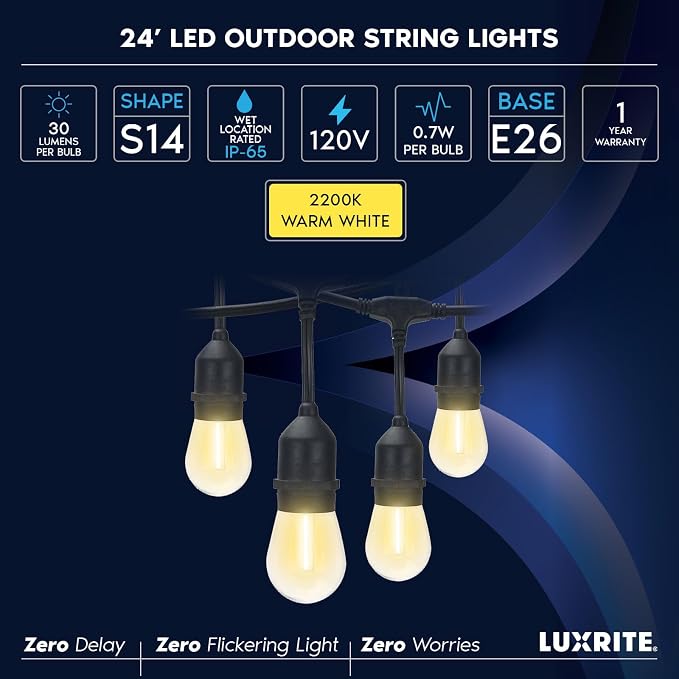 LUXRITE 24FT LED Outdoor String Lights, Commercial Grade Waterproof, 12 Edison - Image 7