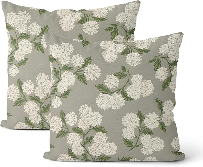 Grey Pillow Covers 24x24 Inch 2 Pcs Gray Green Hydrangea Flower Decor Throw by DAFENA