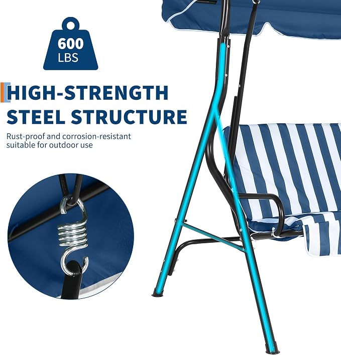 Outdoor Porch Swing Chair with Adjustable Canopy & Striped Seat Cushion - Image 3