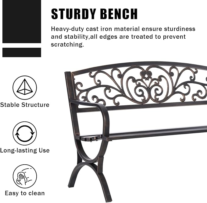 MFSTUDIO Outdoor Metal Bench Set of 2, 50 Inches Outdoor Garden Bench, Cast - Image 6