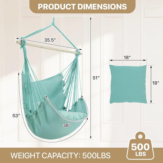 MoNiBloom Hammock Chair Hanging Rope Swing w/2 Cushions, Boho Macrame Hanging - Image 2