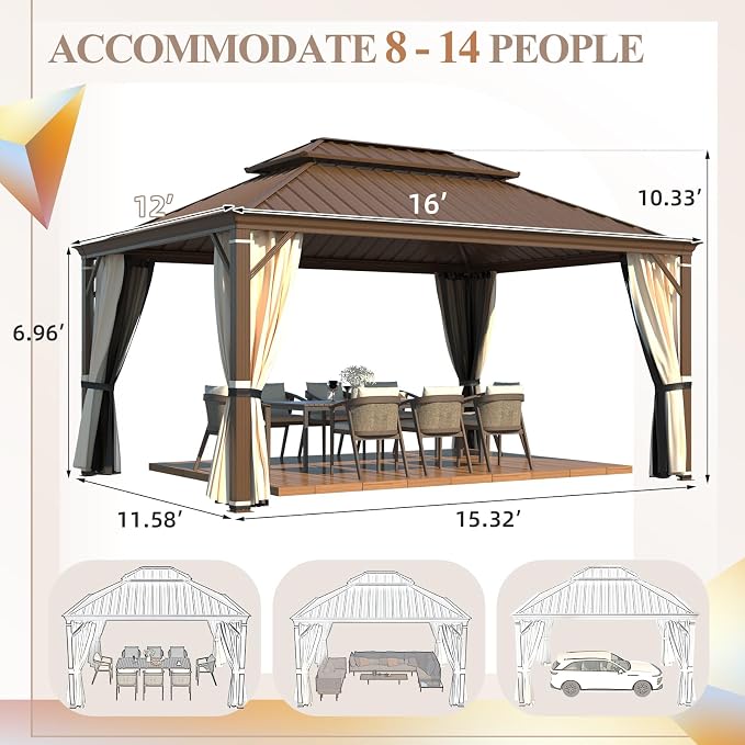 YOLENY 12'x16' Hardtop Gazebo, Wood Grain Aluminum Frame Outdoor Gazebo - Image 3