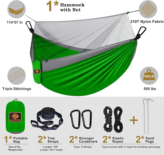Camping Hammock with Net, Portable Lightweight Double Hammocks with Tree Straps - Image 2